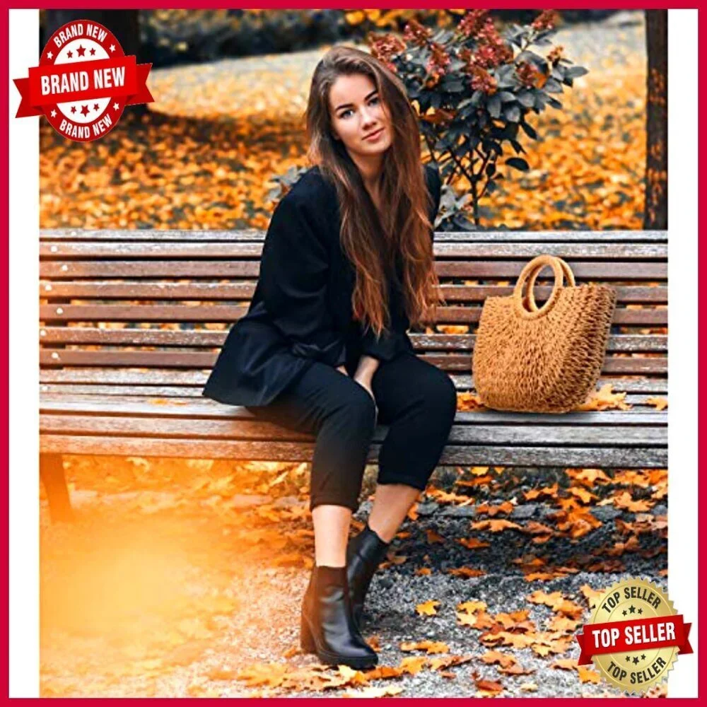 Large Straw Tote Bag with Drawstring Closure, Rattan Woven Handbag for Beach